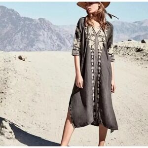 Johnny Was Carmelita Embroidered Linen Peasant Dress 3/4 Sleeve Gray Size XL
